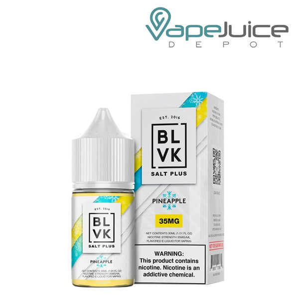 A 30ml bottle of Ice Pineapple Salt Plus BLVK Unicorn eLiquid and a box with a warning sign next to it - Vape Juice Depot