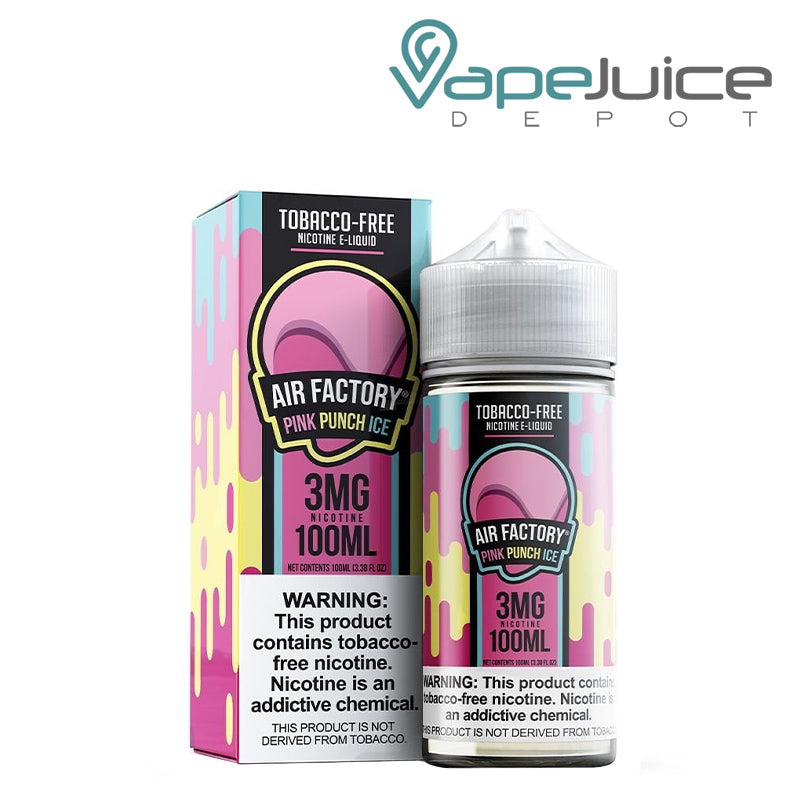 A box of Ice Pink Punch Air Factory Synthetic eLiquid with a warning sign and a 100ml bottle next to it - Vape Juice Depot