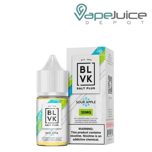A 30ml bottle of Ice Sour Apple Salt Plus BLVK Unicorn and a box with a warning sign next to it - Vape Juice Depot