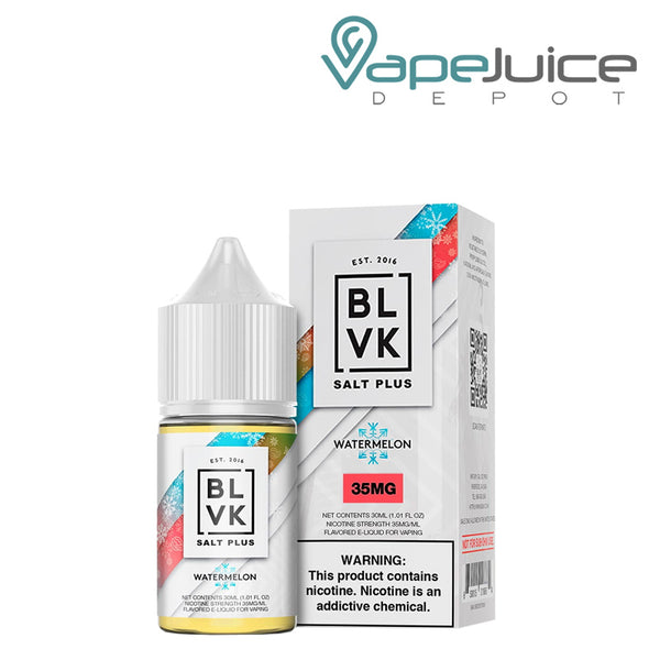 A 30ml bottle of Ice Watermelon Salt Plus BLVK Unicorn and a box with a warning sign next to it - Vape Juice Depot