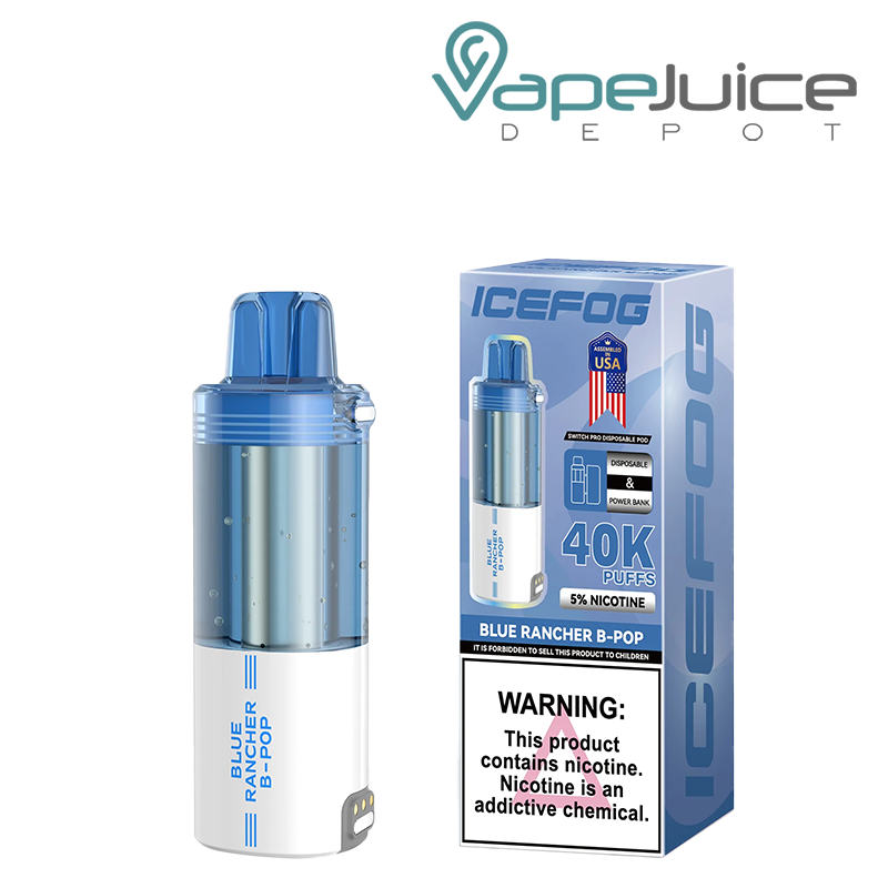 An IceFog 40K Switch Pro Disposable Pod in Blue Rancher B-Pop flavor with a transparent e-liquid tank and matching box featuring a nicotine warning – Vape Juice Depot.
