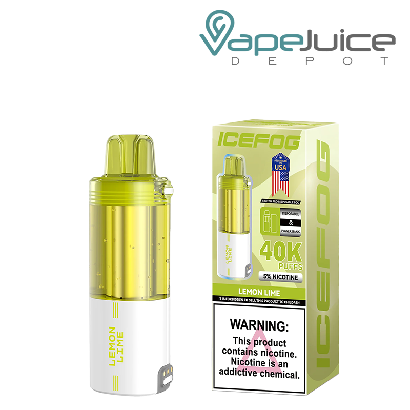 An IceFog 40K Switch Pro Disposable Pod in Lemon Lime flavor with a transparent e-liquid tank and matching box featuring a nicotine warning – Vape Juice Depot.