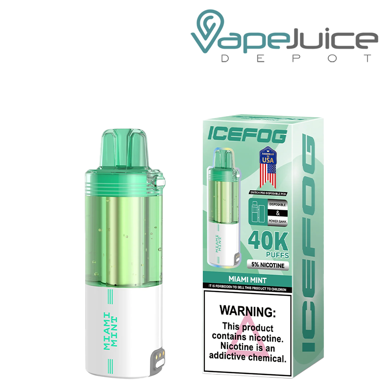 An IceFog 40K Switch Pro Disposable Pod in Miami Mint flavor with a transparent e-liquid tank and matching box featuring a nicotine warning – Vape Juice Depot.