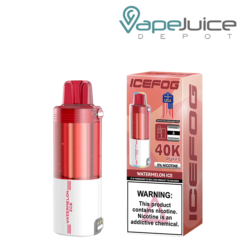 An IceFog 40K Switch Pro Disposable Pod in Watermelon Ice flavor with a transparent e-liquid tank and matching box featuring a nicotine warning – Vape Juice Depot.