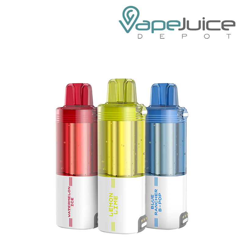 Three IceFog 40K Switch Pro disposable pod devices in Watermelon Ice, Lemon Lime, and Blue Rancher B-Pop flavors with a transparent e-liquid tank and bottom charging contacts – Vape Juice Depot.