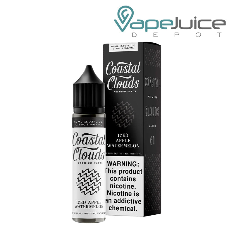 A 60ml bottle of Iced Apple Watermelon Coastal Clouds next to its box with a warning sign - Vape Juice Depot