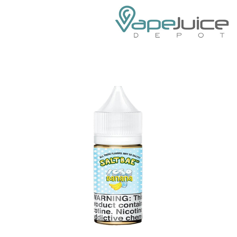 A bottle of Iced Banana SaltBae50 eLiquid 30ml with a warning sign - Vape Juice Depot