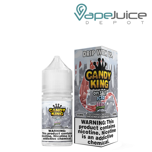 A 30ml bottle of Iced Belts Candy King On Salt and a box with a warning sign next to it - Vape Juice Depot