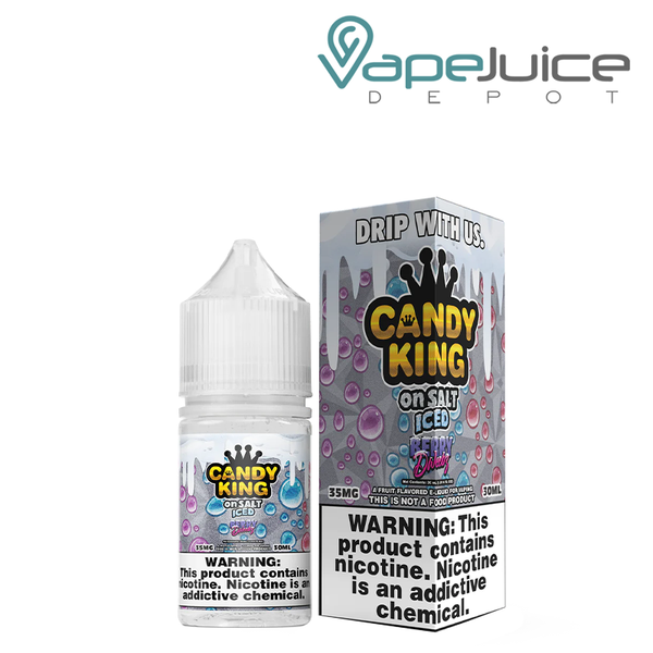 A 30ml bottle of Iced Berry Dweebz Candy King On Salt and a box with a warning sign next to it - Vape Juice Depot
