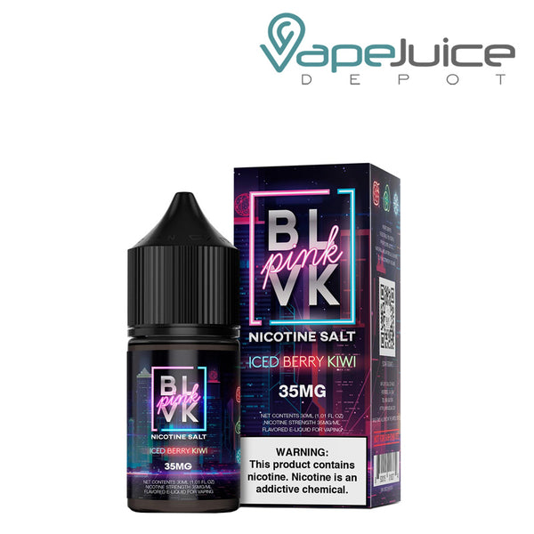 A 30ml bottle of Iced Berry Kiwi Salt BLVK Pink Series and a box with a warning sign next to it - Vape Juice Depot