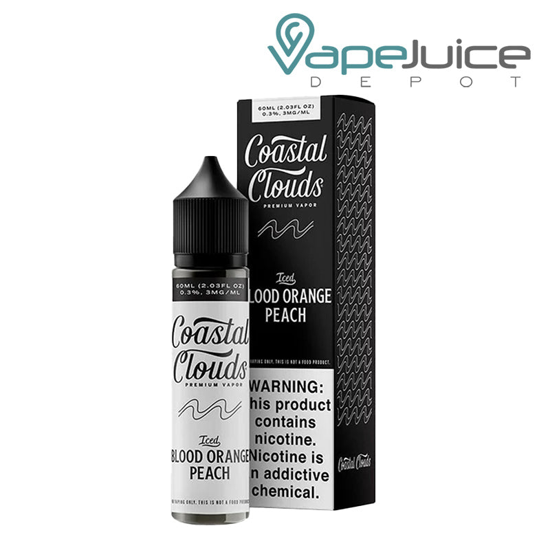 A 60ml bottle of Iced Blood Orange Peach Coastal Clouds and a box with a warning sign next to it - Vape Juice Depot