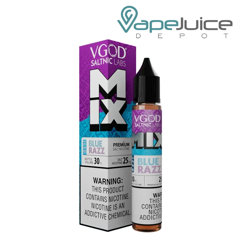 A Box of Iced Blue Razz Mix VGOD SaltNic with a warning sign and a 30ml bottle next to it - Vape Juice Depot