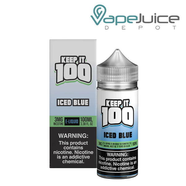 A box of Iced Blue (OG Blue ICED) Keep it 100 TFN eLiquid with a warning sign and a 100ml bottle next to it - Vape Juice Depot