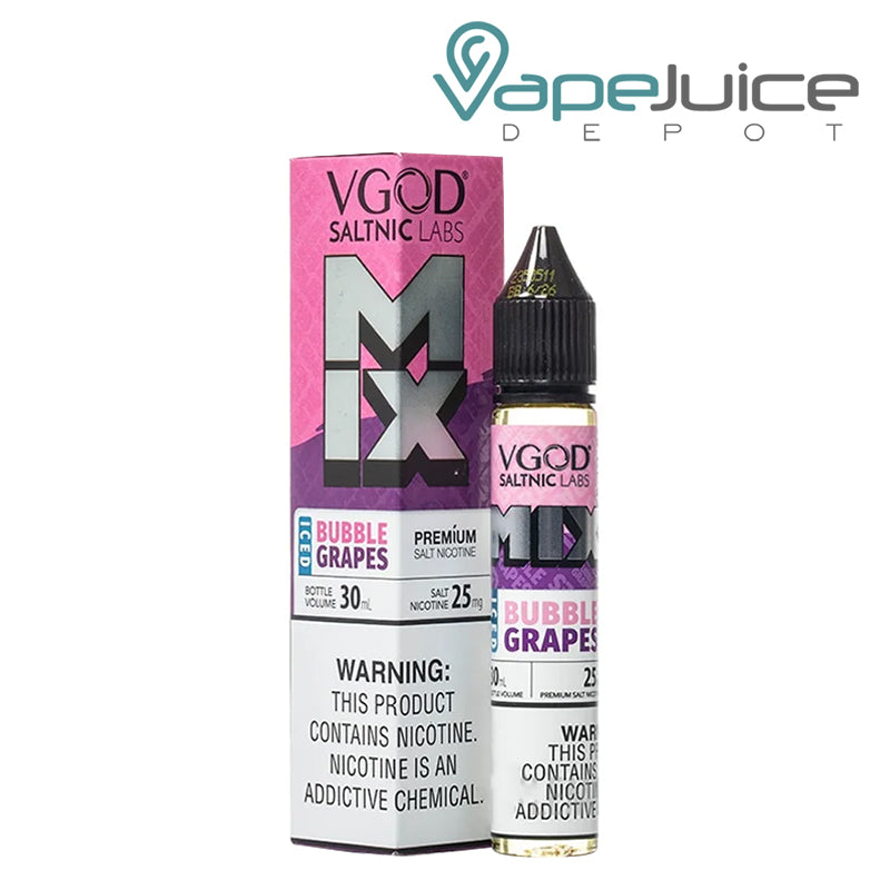 A Box of Iced Bubble Grapes Mix VGOD SaltNic with a warning sign and a 30ml bottle next to it - Vape Juice Depot