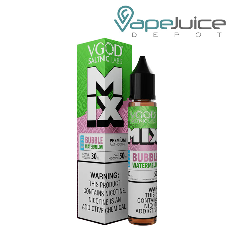 A Box of Iced Bubble Watermelon Mix VGOD SaltNic with a warning sign and a 30ml bottle next to it - Vape Juice Depot