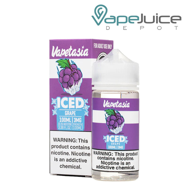 A box of Iced Grape Vapetasia eLiquid with a warning sign and a 100ml bottle next to it - Vape Juice Depo