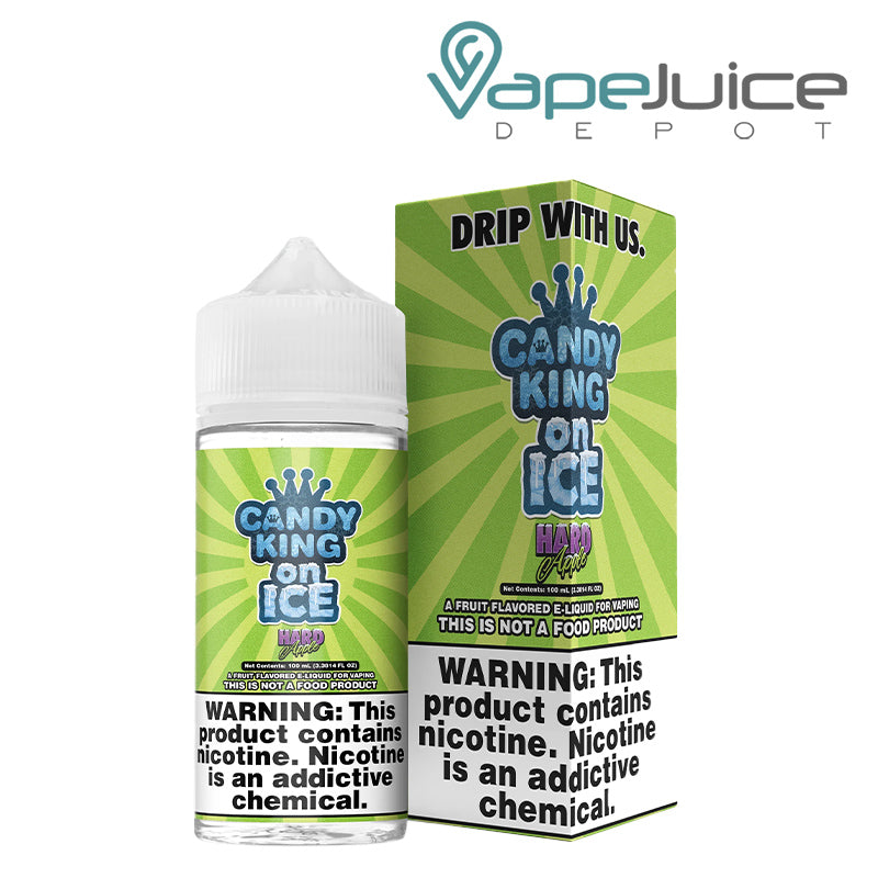 A 100ml bottle of Iced Hard Apple Candy King eLiquid and a box with a warning sign next to it - Vape Juice Depot