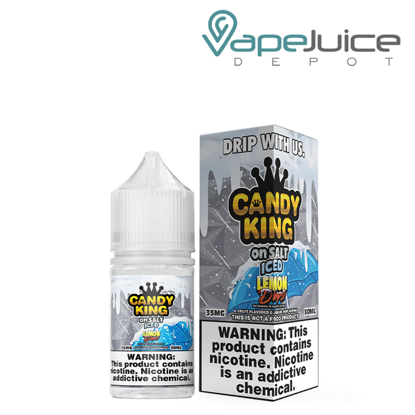 A 30ml bottle of Iced Lemon Drops Candy King On Salt and a box with a warning sign next to it - Vape Juice Depot