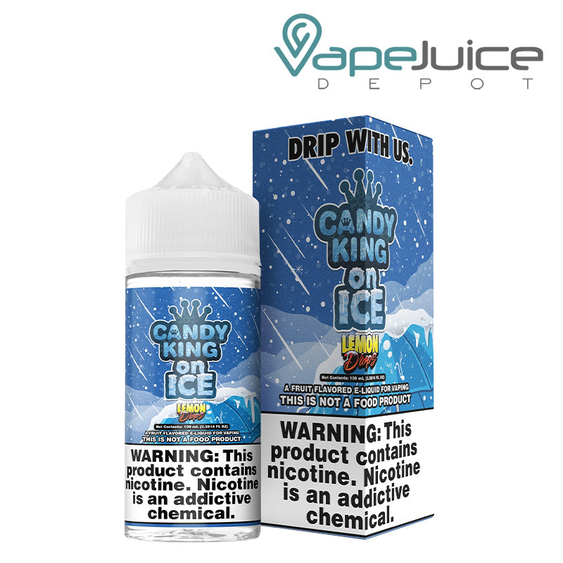 A 100ml bottle of Iced Lemon Drops Candy King eLiquid and a box with a warning sign next to it - Vape Juice Depot