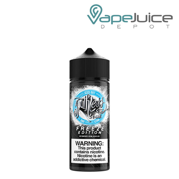 A 120ml bottle of Iced Out Ruthless Freeze Edition with a warning sign - Vape Juice Depot