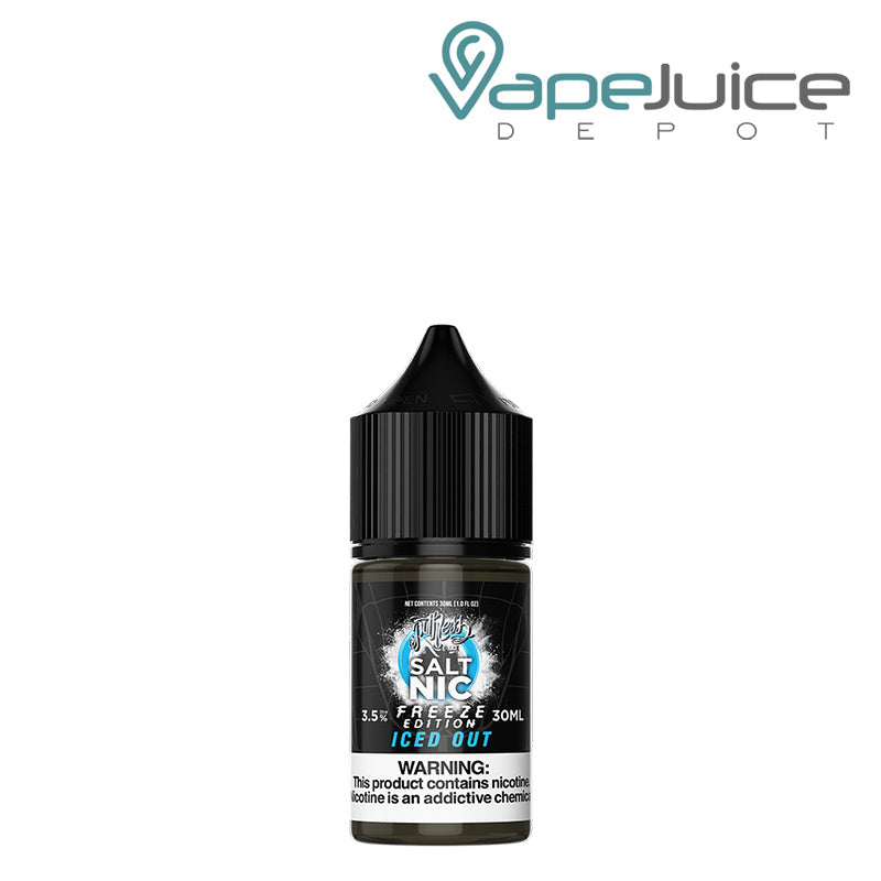 A 30ml bottle of Iced Out Ruthless Freeze Salt with a warning sign - Vape Juice Depot