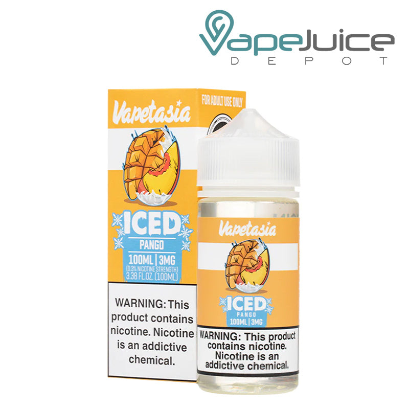 A box of Iced Pango Vapetasia eLiquid and a 100ml bottle with a warning sign next to it - Vape Juice Depot