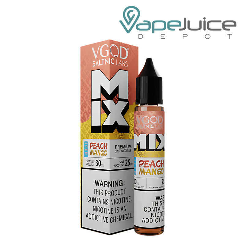 A Box of Iced Peach Mango Mix VGOD SaltNic with a warning sign and a 30ml bottle next to it - Vape Juice Depot