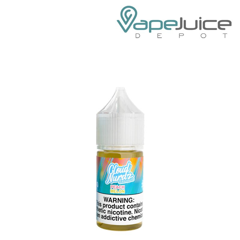 A 30ml bottle of Iced Peach Melon TFN Salts Cloud Nurdz eLiquid with a warning sign - Vape Juice Depot