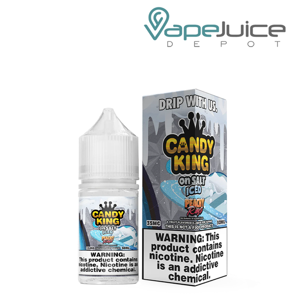A 30ml bottle of Iced Peachy Rings Candy King On Salt and a box with a warning sign next to it - Vape Juice Depot