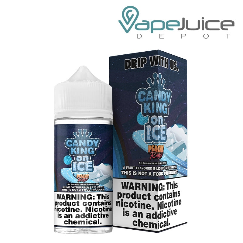 A 100ml bottle of Iced Peachy Rings Candy King eLiquid and a box with a warning sign next to it - Vape Juice Depot