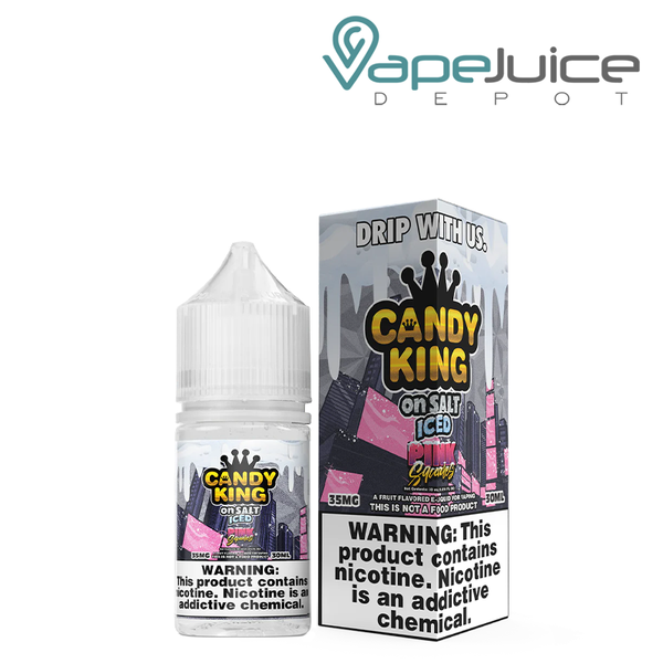 A 30ml bottle of Iced Pink Squares Candy King On Salt and a box with a warning sign next to it - Vape Juice Depot