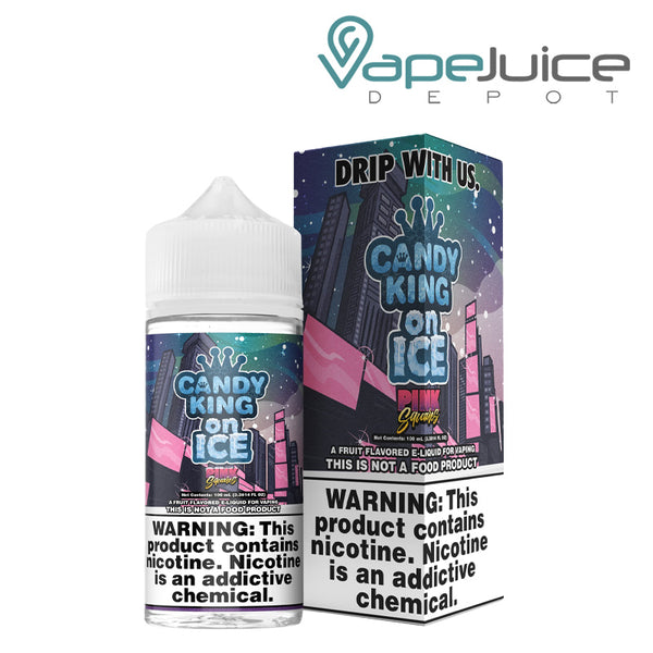 A 100ml bottle of Iced Pink Squares Candy King eLiquid and a box with a warning sign - Vape Juice Depot