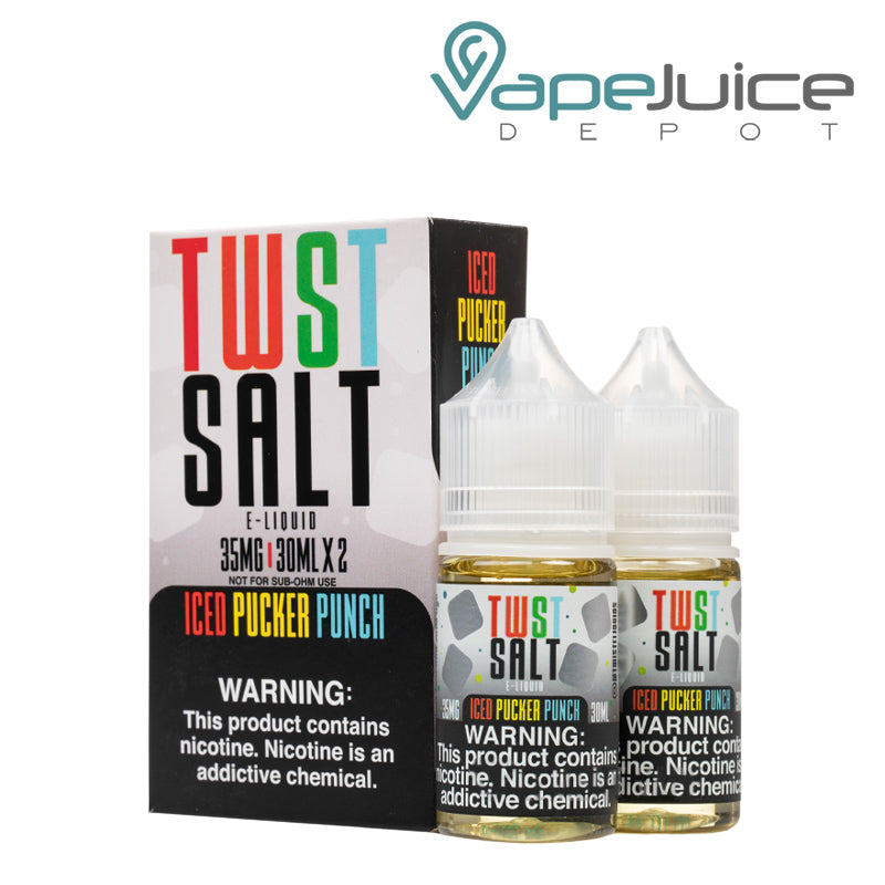 A Box of Iced Pucker Punch Twist Salt E-Liquid with a warning sign next to two 30ml bottles