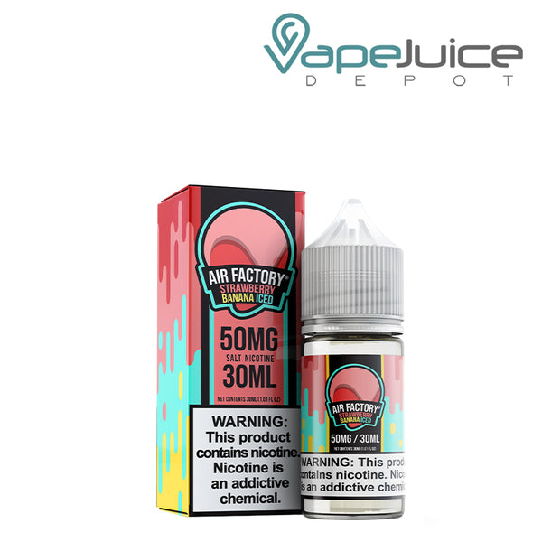 A Box of Iced Strawberry Banana Air Factory Synthetic Salts with a warning sign and a 30ml bottle next to it - Vape Juice Depot