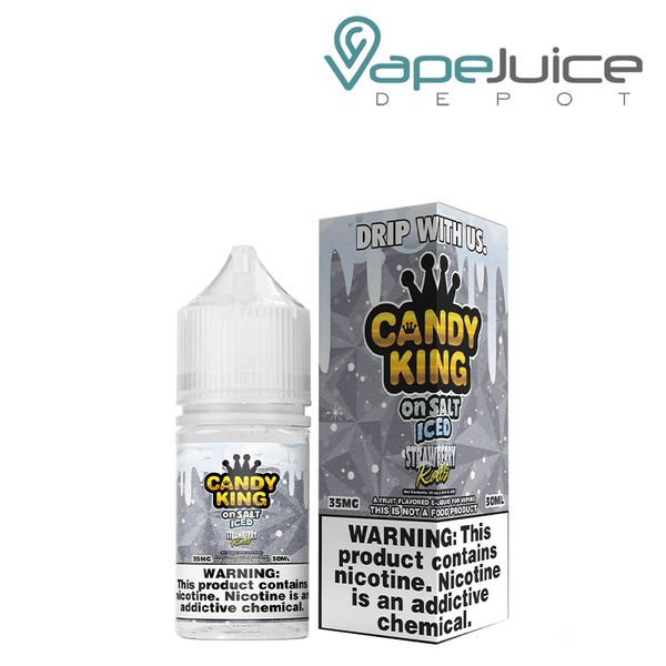 A 30ml bottle of Iced Strawberry Rolls Candy King On Salt and a box with a warning sign next to it - Vape Juice Depot