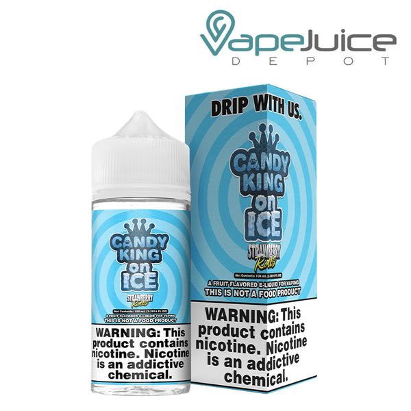 A 100ml bottle of Iced Strawberry Rolls Candy King eLiquid and a box with a warning sign - Vape Juice Depot