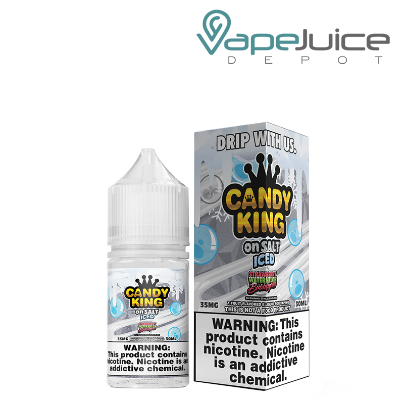 A 30ml bottle of Iced Strawberry Watermelon Bubblegum Candy King On Salt and a box with a warning sign next to it - Vape Juice Depot