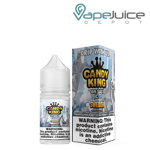 A 30ml bottle of Iced Swedish Candy King On Salt and a box with a warning sign next to it - Vape Juice Depot
