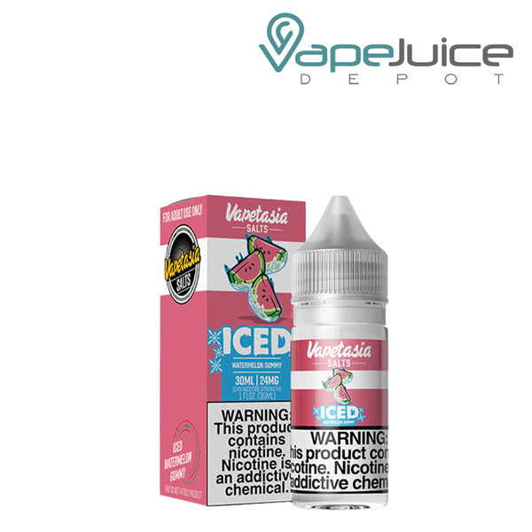 A box of Iced Watermelon Gummy Vapetasia Salts with a warning sign and a 30ml bottle next to it - Vape Juice Depot