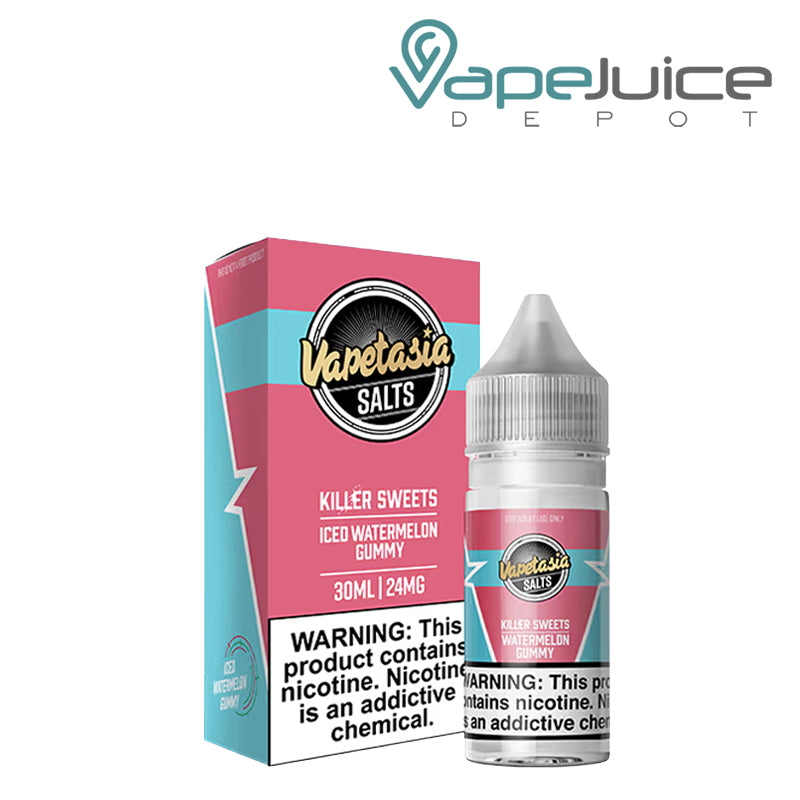 A Box of Iced Watermelon Gummy Vapetasia Salts with a warning sign and a 30ml bottle next to it - Vape Juice Depot