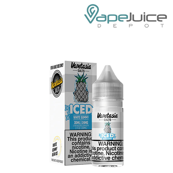 A box of Iced White Gummy Vapetasia Salts with a warning sign and a 30ml bottle next to it - Vape Juice Depot
