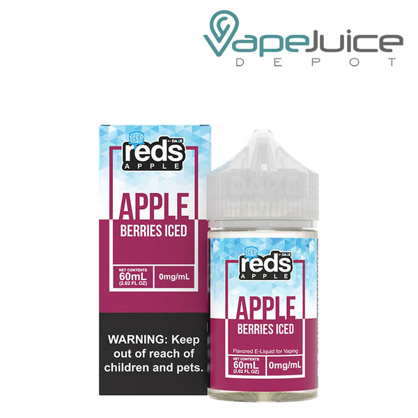 A box of ICED Berries REDS Apple eJuice with a warning sign and a 60ml bottle next to it - Vape Juice Depot