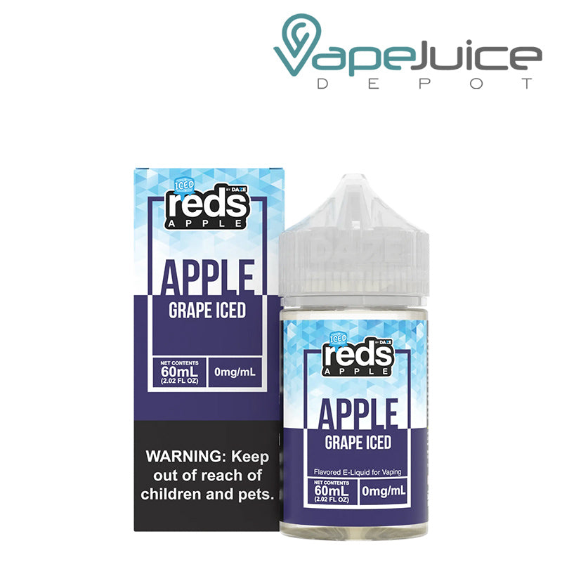 A box of ICED Grape REDS Apple eJuice with a warning sign and a 60ml bottle next to it - Vape Juice Depot