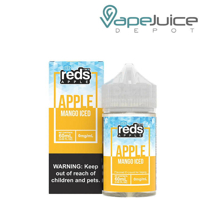 A box of ICED Mango REDS Apple eJuice with a warning sign and a 60ml bottle next to it - Vape Juice Depot