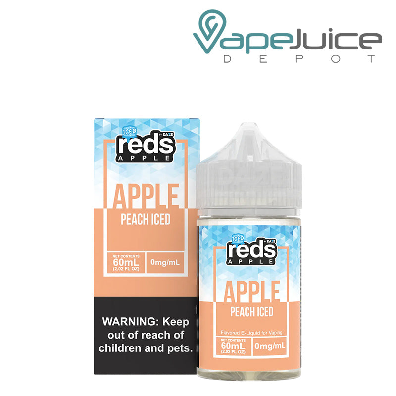 A box of ICED Peach REDS Apple eJuice with a warning sign and a 60ml bottle next to it - Vape Juice Depot
