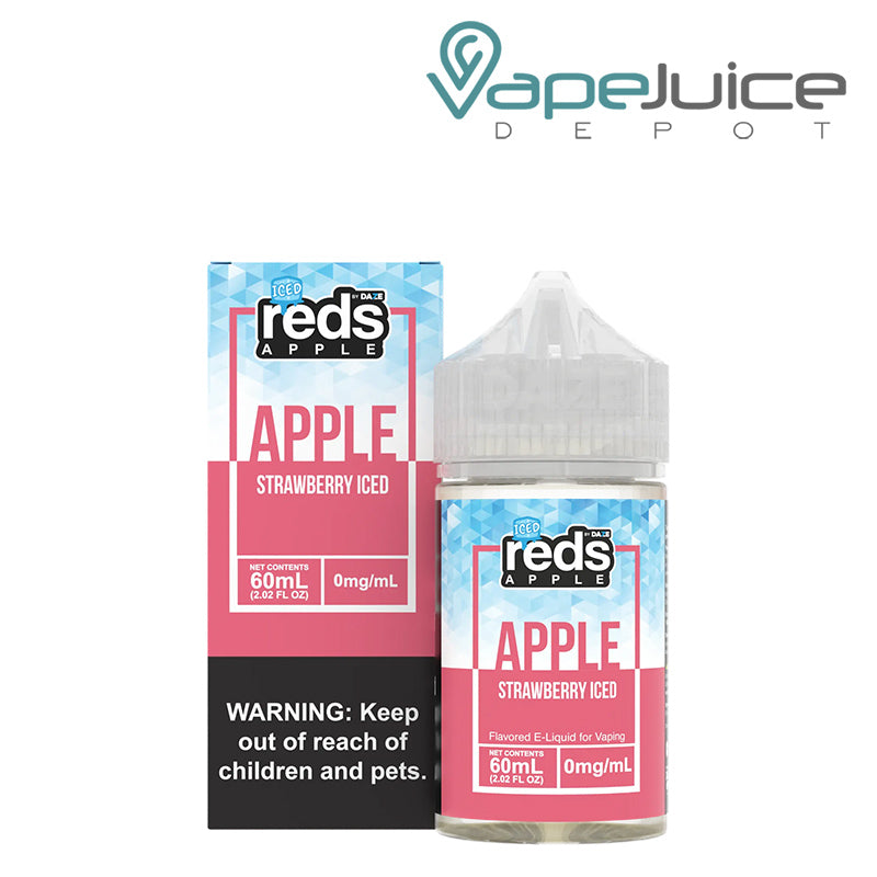 A box of ICED Strawberry REDS Apple eJuice with a warning sign and a 60ml bottle next to it - Vape Juice Depot