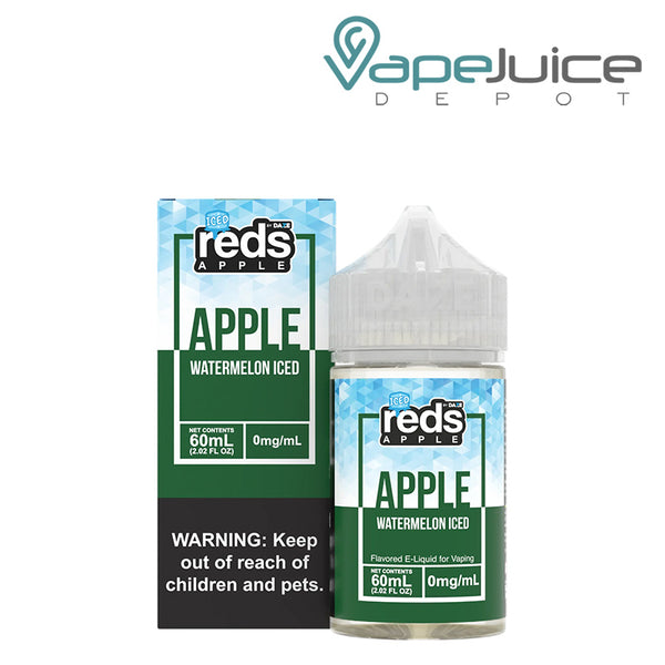 A box of ICED Watermelon REDS Apple eJuice with a warning sign and a 60ml bottle next to it - Vape Juice Depot