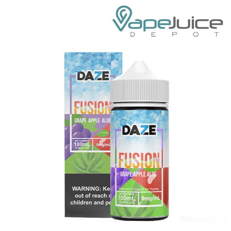 A box of ICED Grape Apple Aloe 7 Daze Fusion with a warning sign and a 100ml bottle next to it - Vape Juice Depot