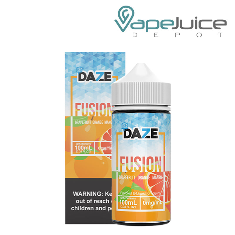 A box of ICED Grapefruit Orange Mango 7 Daze Fusion with a warning sign and a100ml bottle next to it - Vape Juice Depot