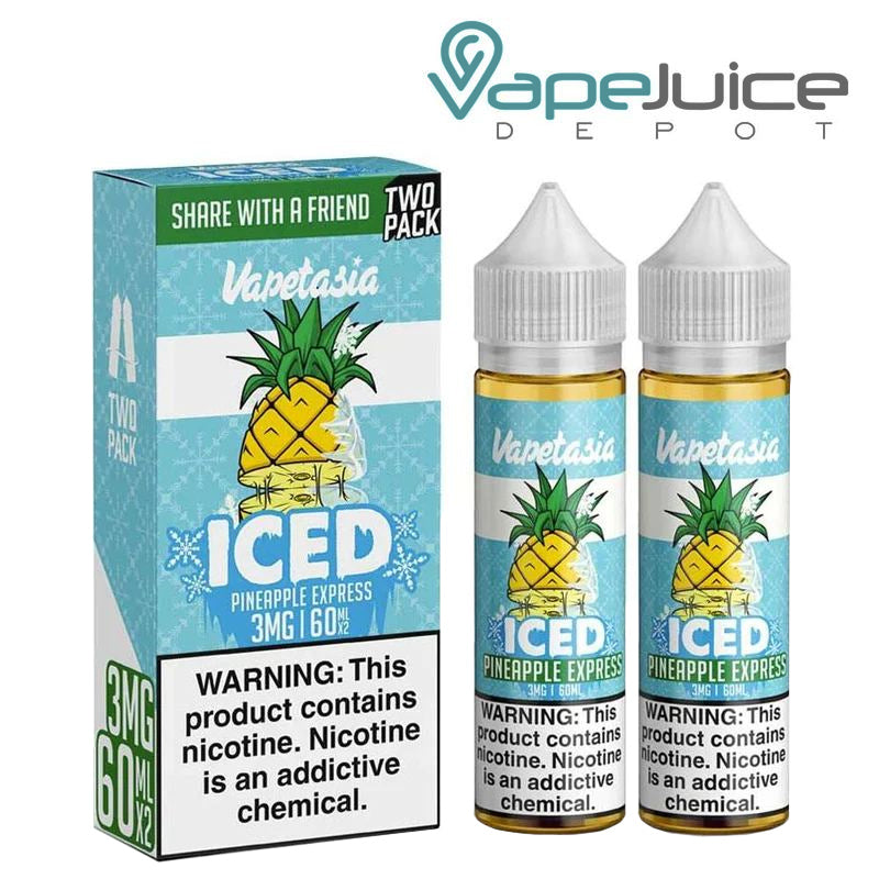A box of ICED Pineapple Express Vapetasia eLiquid and two 60ml bottles with a warning sign next to it - Vape Juice Depot
